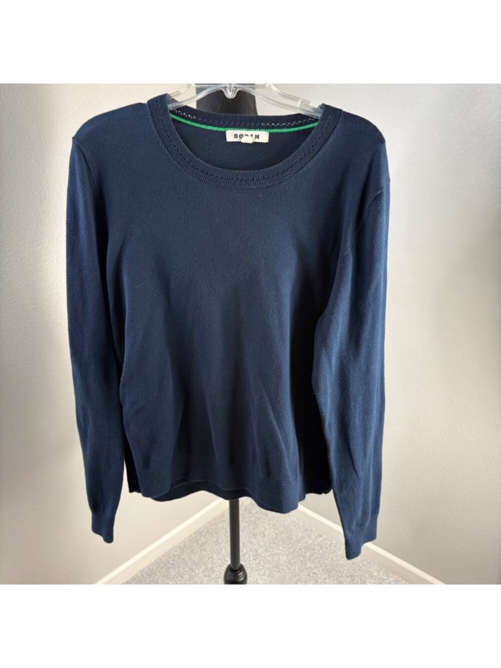 Boden Sweater Womens XL Navy Blue Cotton Blend Hemstitch Accents